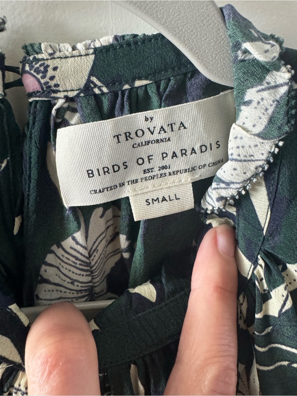 Trovata Floral Bird-Print Dress in Deep Green and Cream